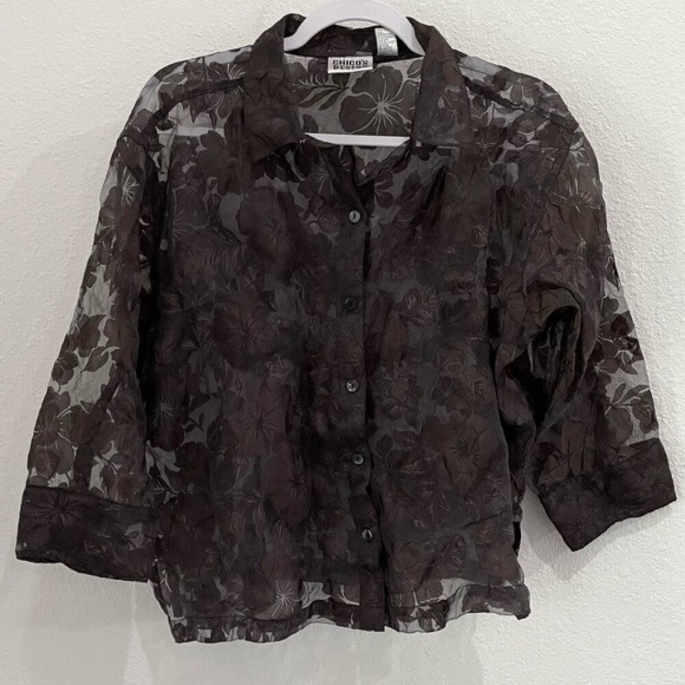 Vintage Y2K Fairy Sheer Top Dark Floral Button Shirt Whimsigoth Boho Feminine